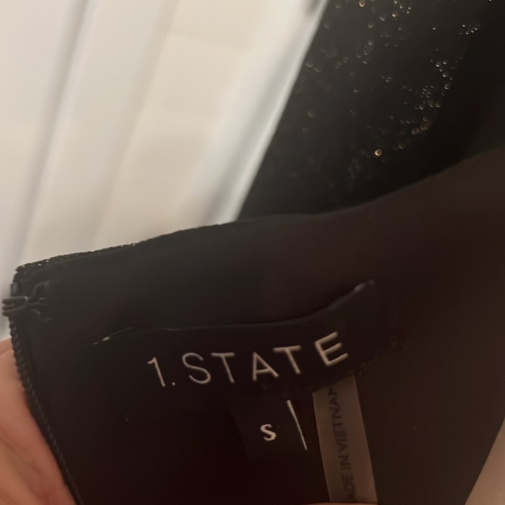1.State Square Neck Princess Seam Metallic Shimmer Black Cocktail Mini Dress - Picture 7 of 10